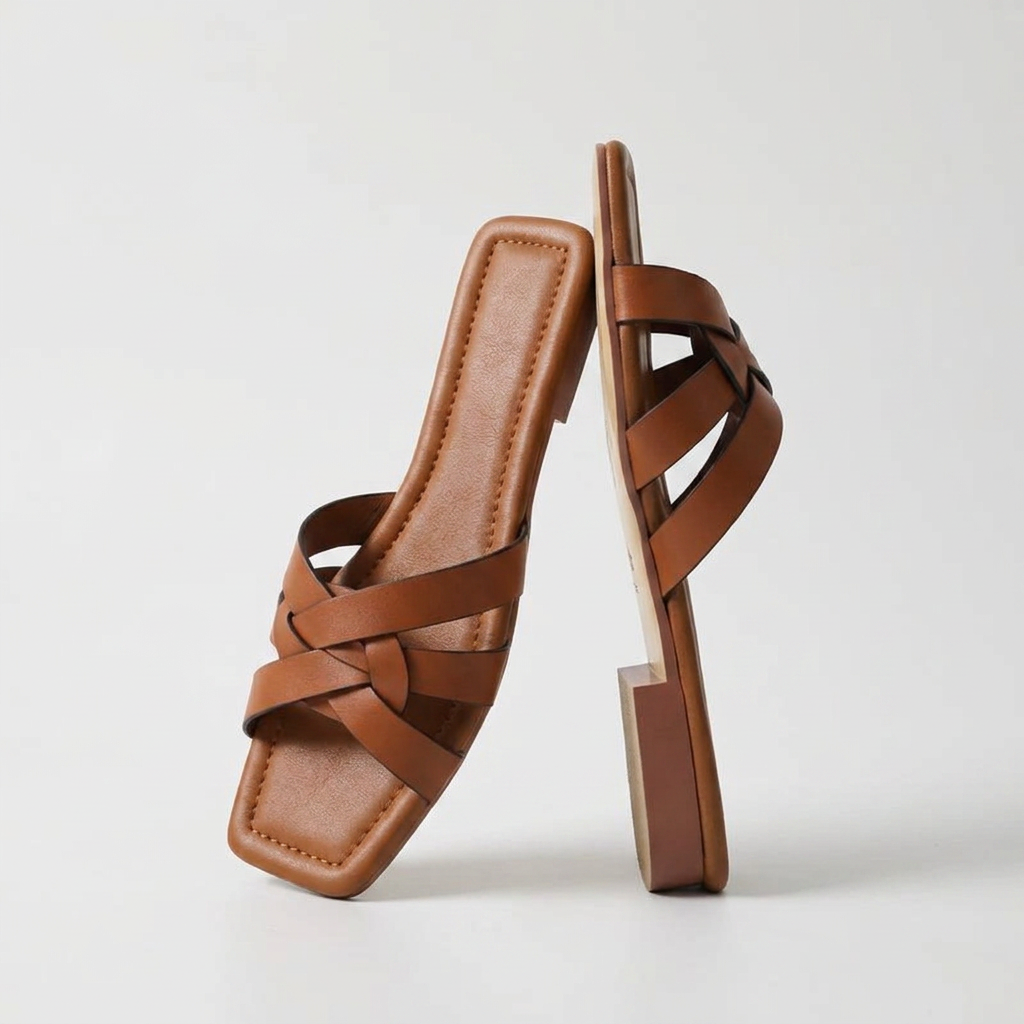 Amelia Woven Leather Square Toe Slide Sandals