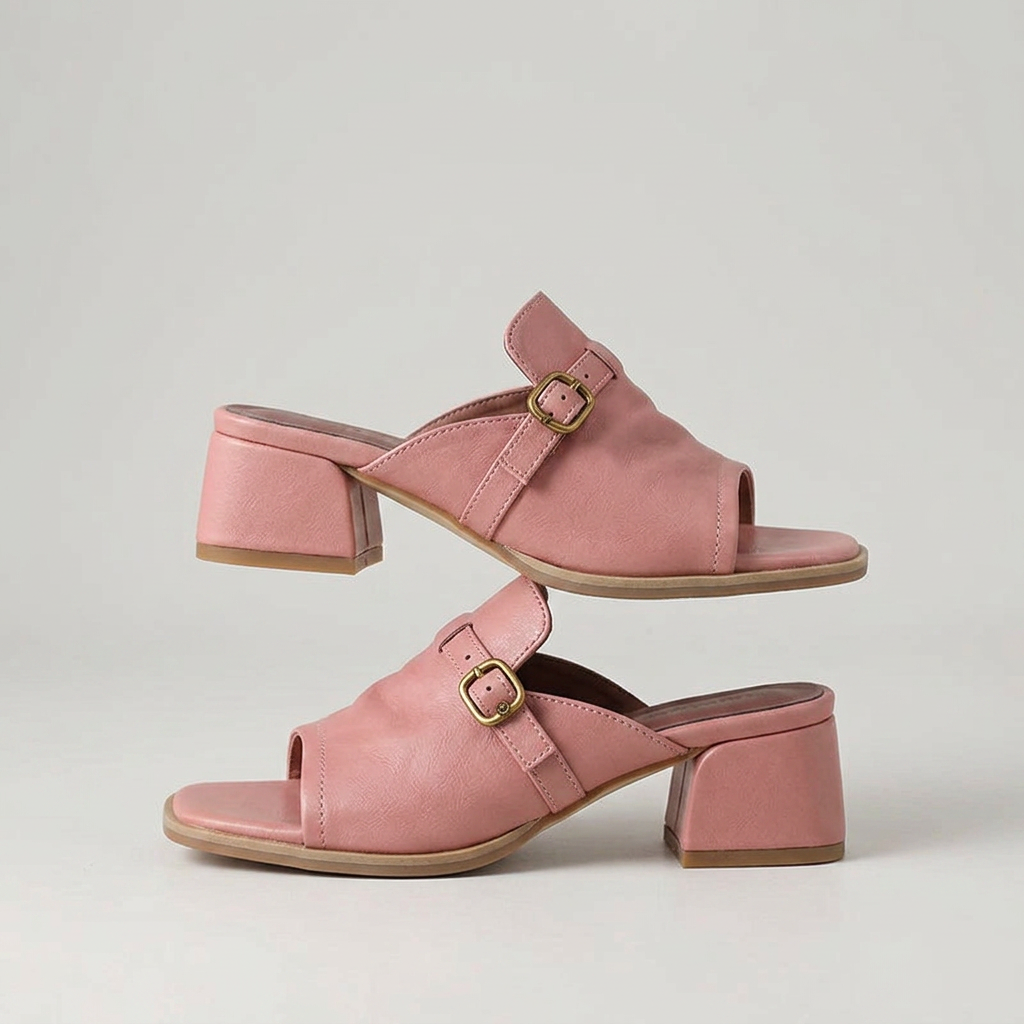Sophia Genuine Leather Buckle Strap Slide Sandals