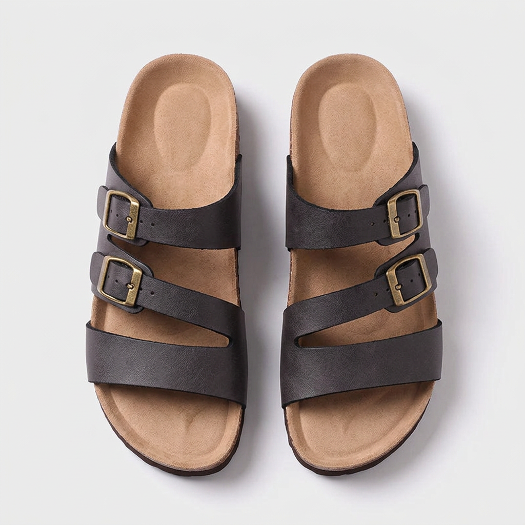 Isabella Double Buckle Leather Comfort Slide Sandals