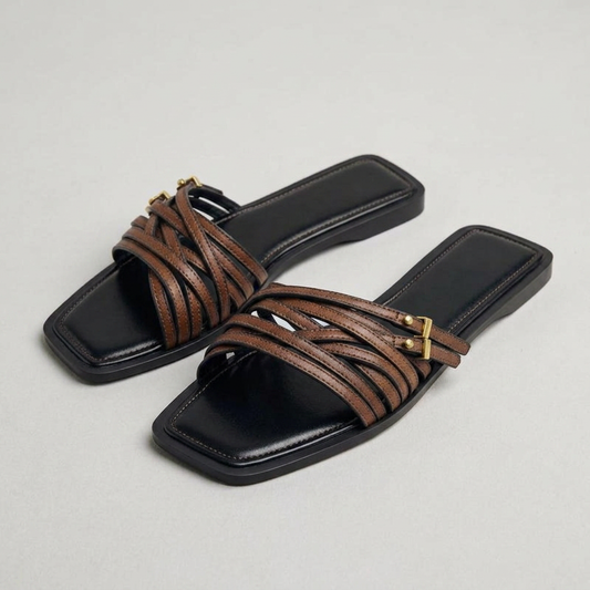 Elena Woven Leather Buckle Flat Slide Sandals