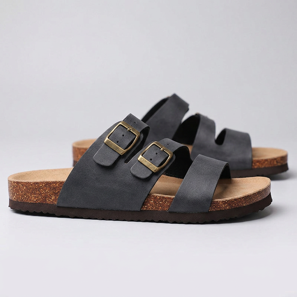 Isabella Double Buckle Leather Comfort Slide Sandals