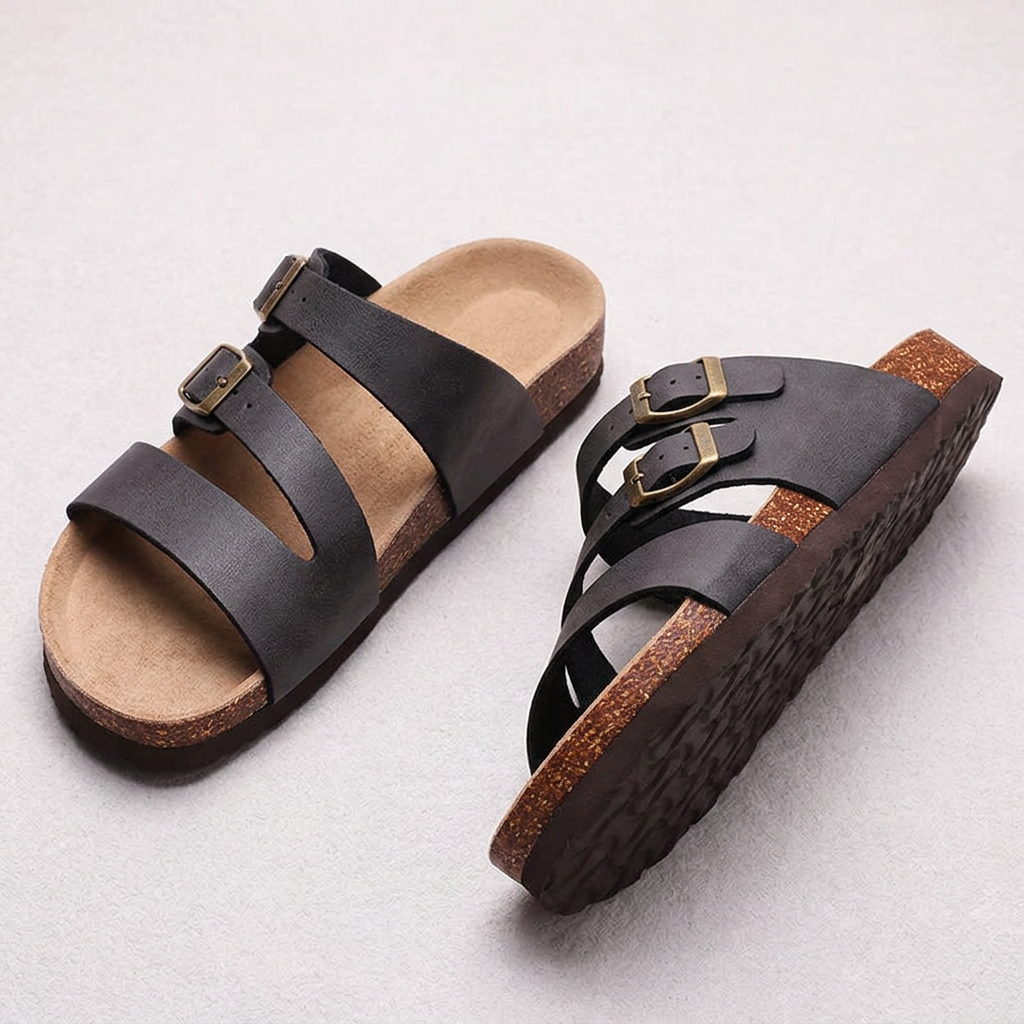 Isabella Double Buckle Leather Comfort Slide Sandals