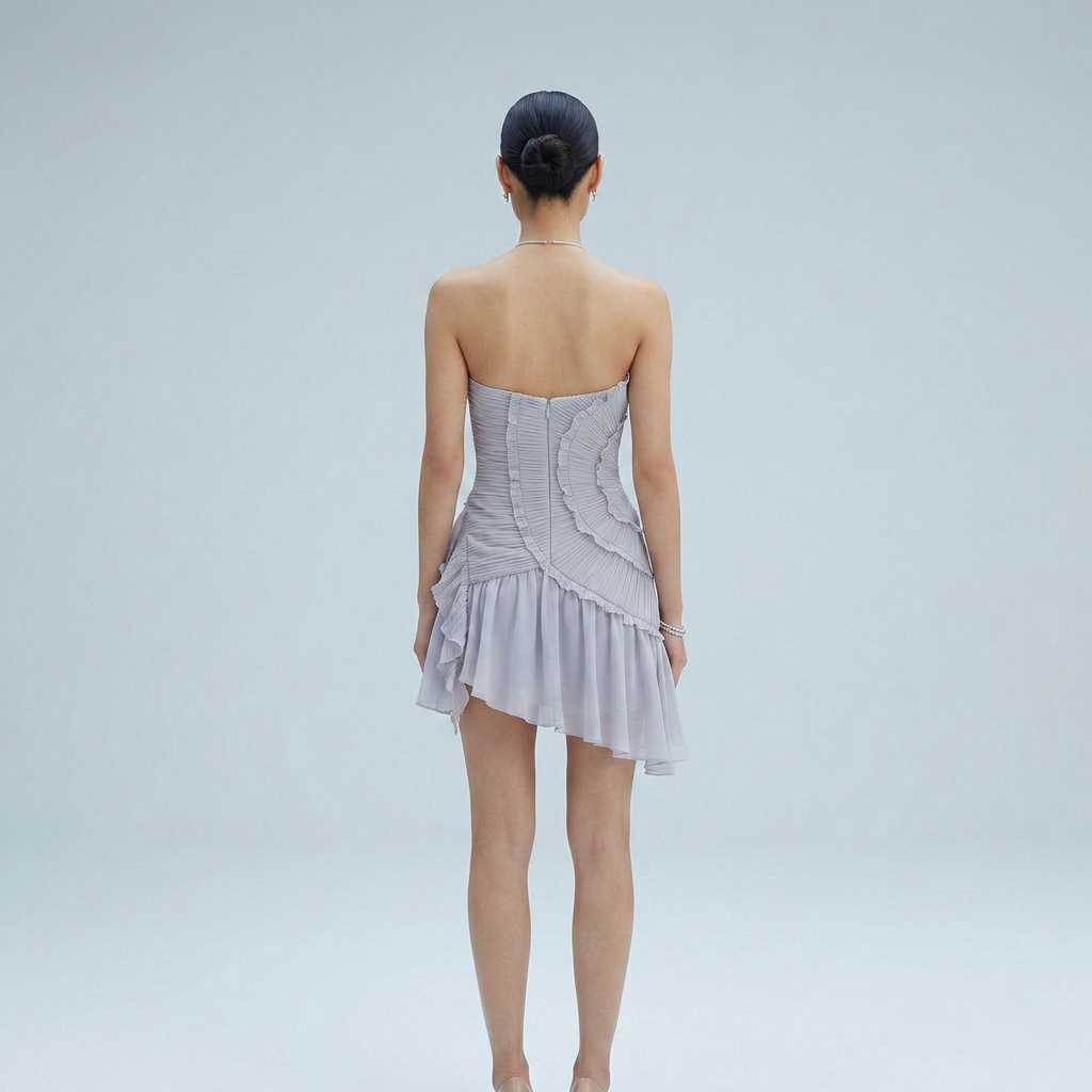 Halter Neck Pleated Mini Cocktail Dress with Asymmetrical Ruffle Hem in Lilac