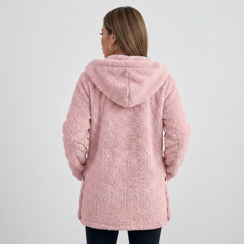 Long Sleeve Button Up Hooded Plush Fleece Cardigan