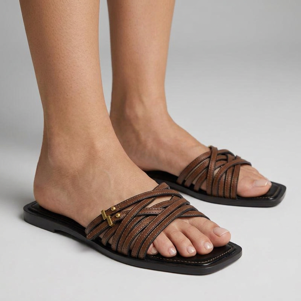 Elena Woven Leather Buckle Flat Slide Sandals