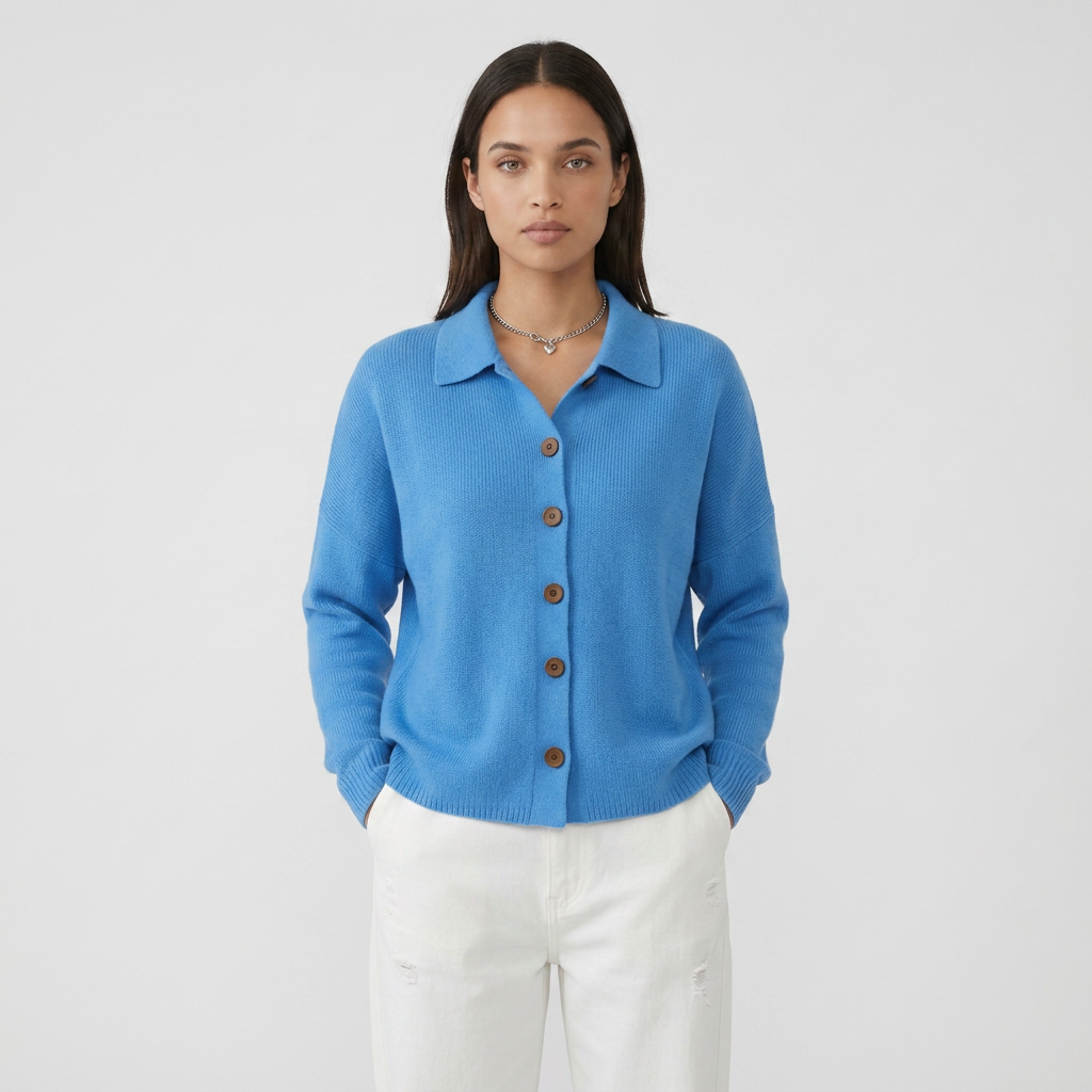 Long Sleeve Button Collar Knit Cardigan with Lapel Cut
