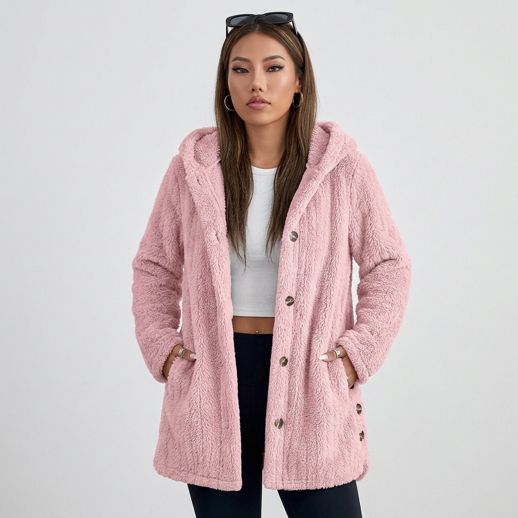 Long Sleeve Button Up Hooded Plush Fleece Cardigan
