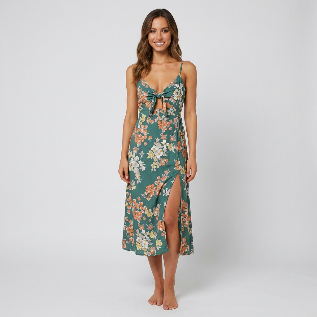 Evelina Floral Tie-Front Side Slit Midi Dress