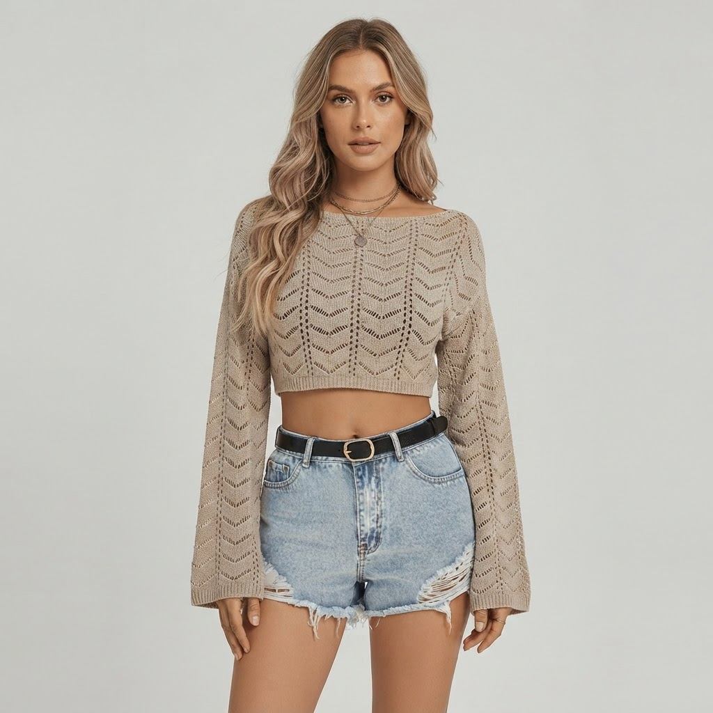 Flare Sleeved Hollow Boho Knit Crop Top