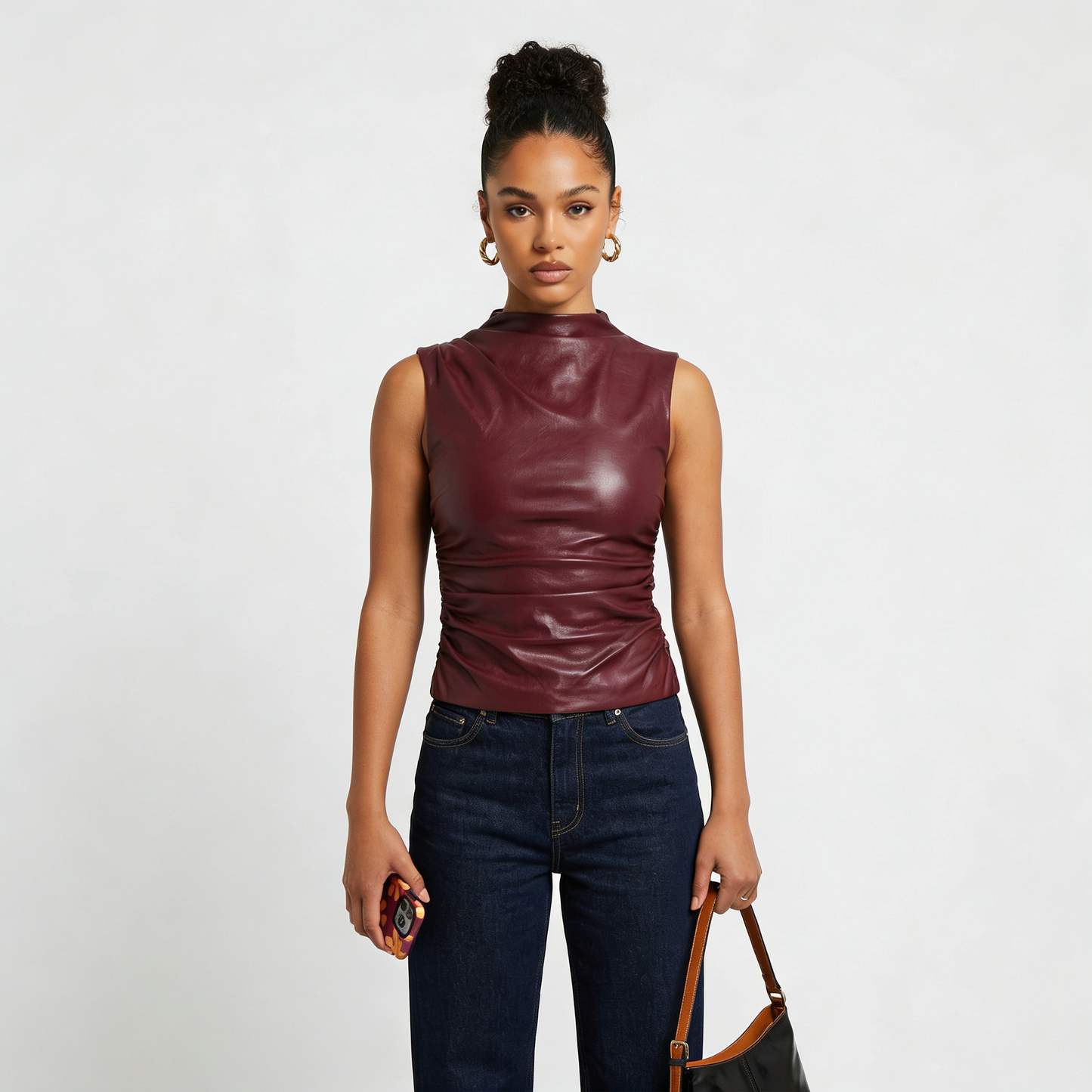 Sleeveless Vegan Leather Top with Mock Neck