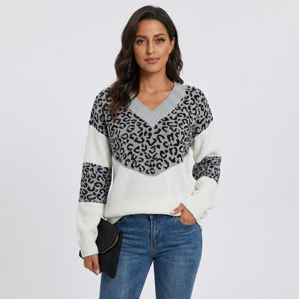 V-Neck Leopard Print Knit Sweater