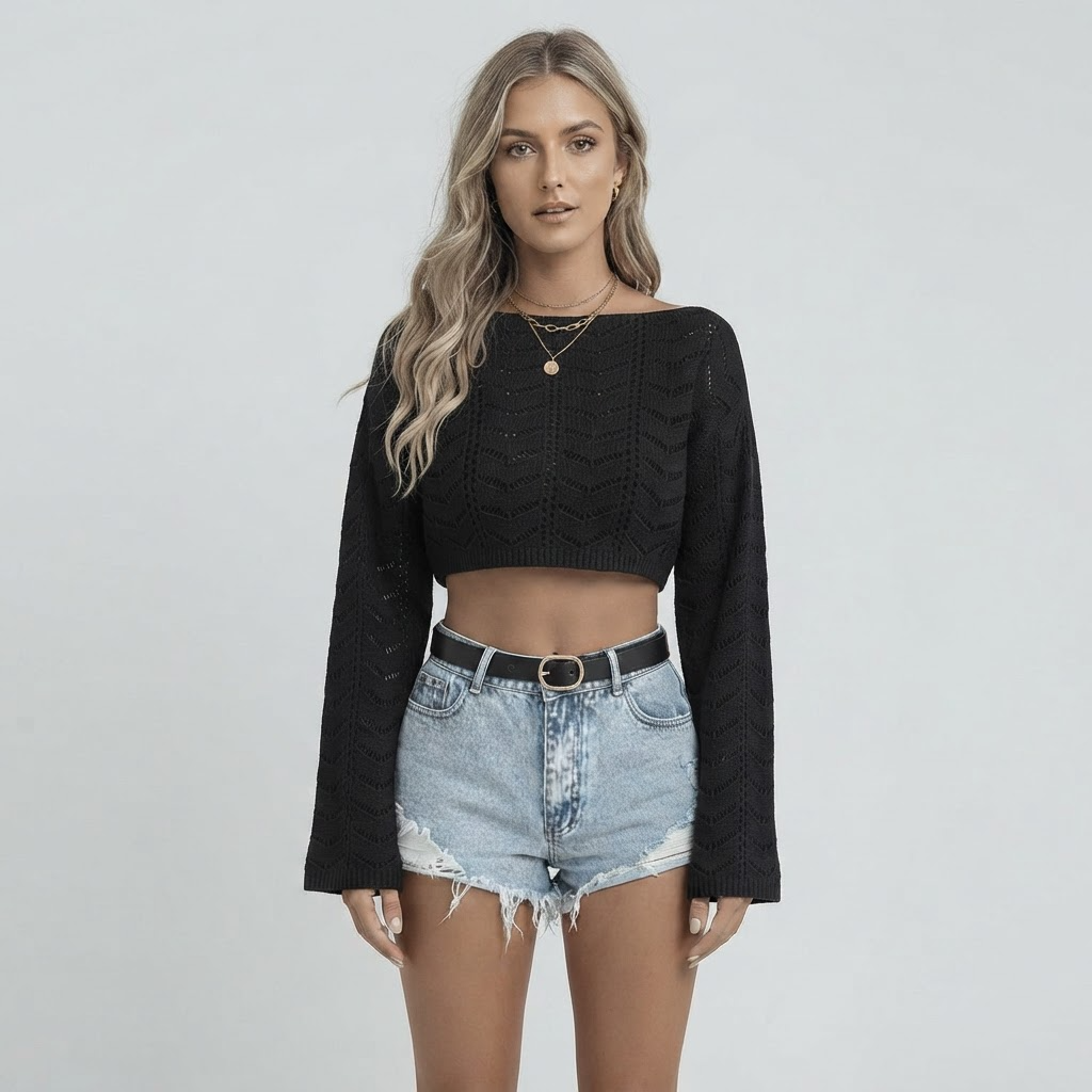Flare Sleeved Hollow Boho Knit Crop Top