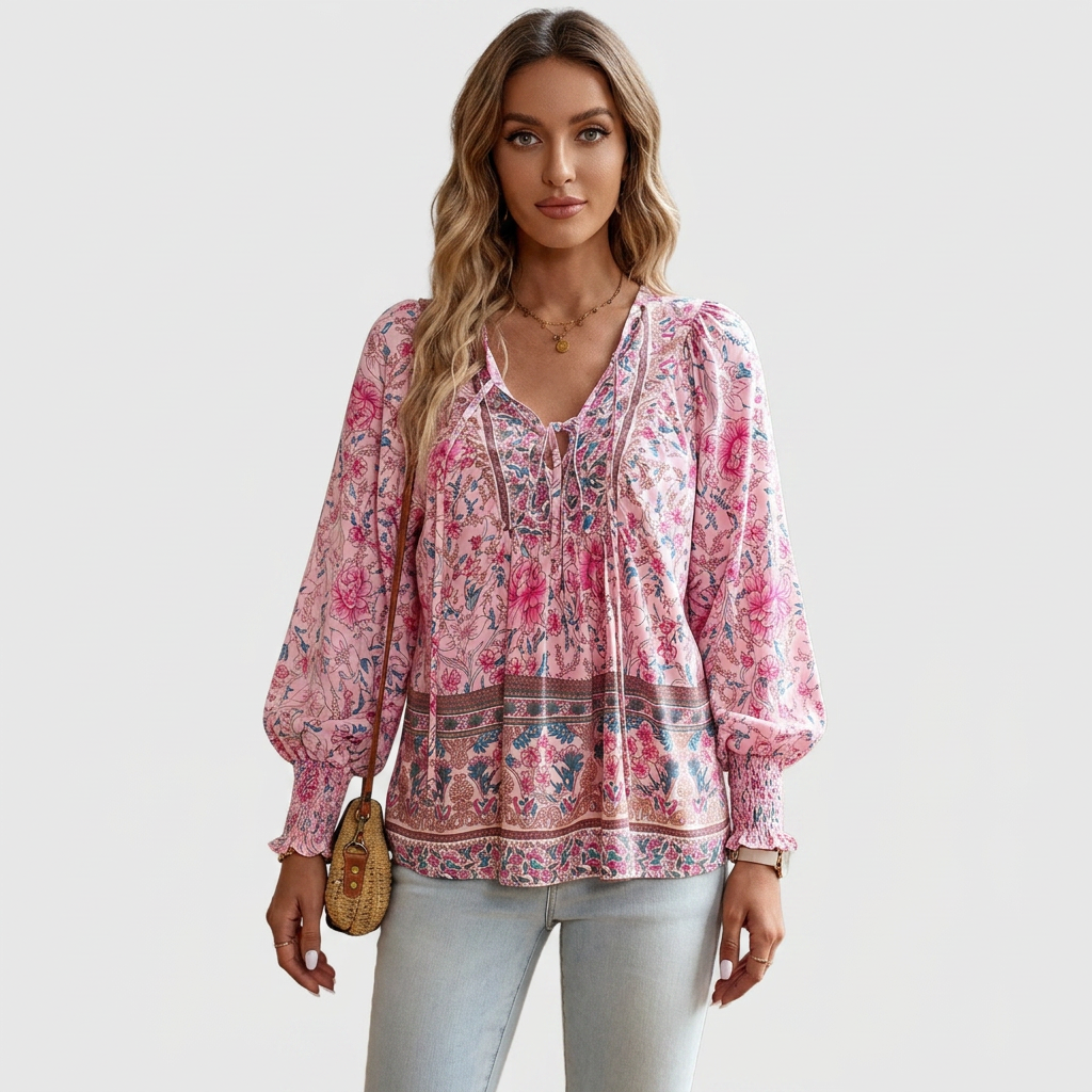 Boho Floral Long-Sleeve Peasant Top