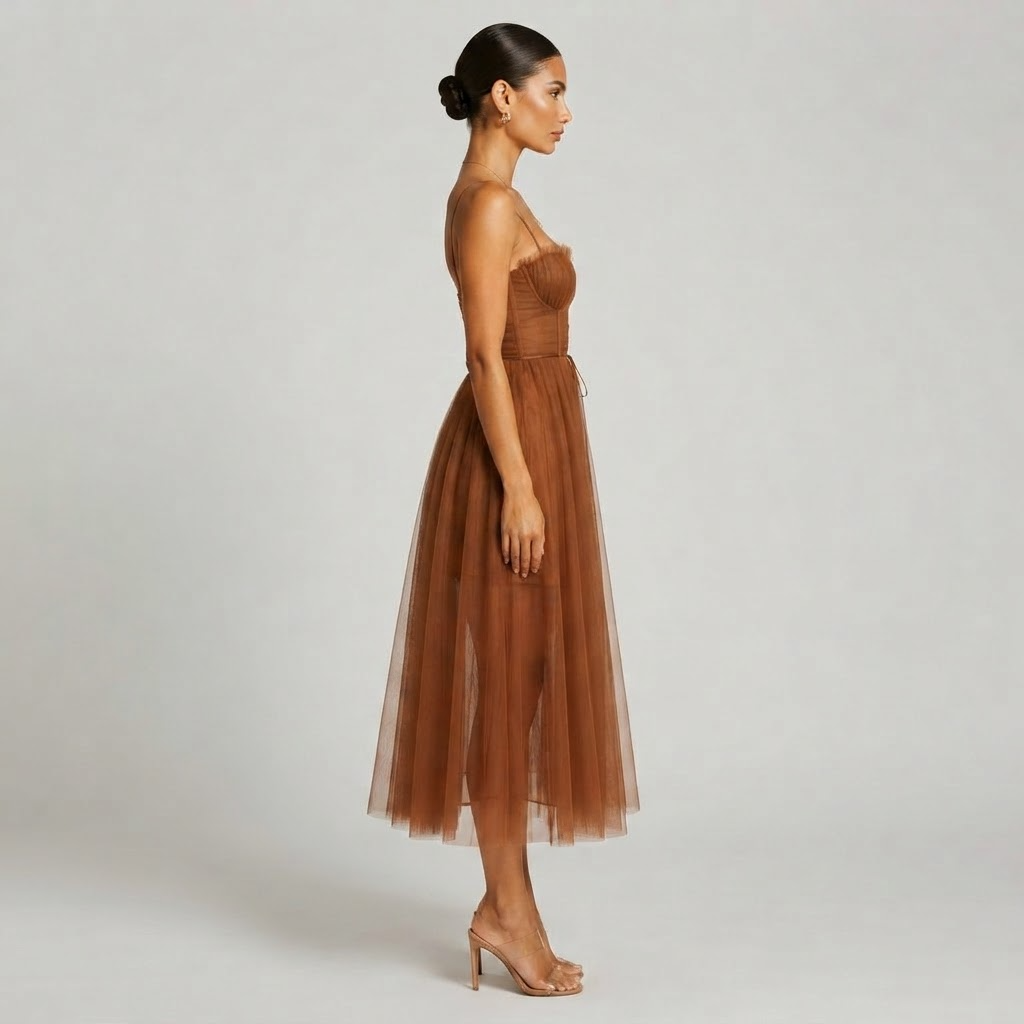 Sweetheart Neck Tulle Midi Dress with Layered A-Line Silhouette