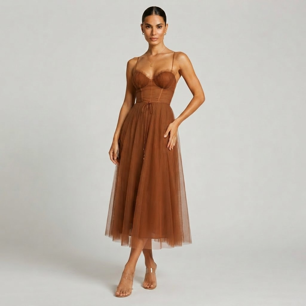 Sweetheart Neck Tulle Midi Dress with Layered A-Line Silhouette