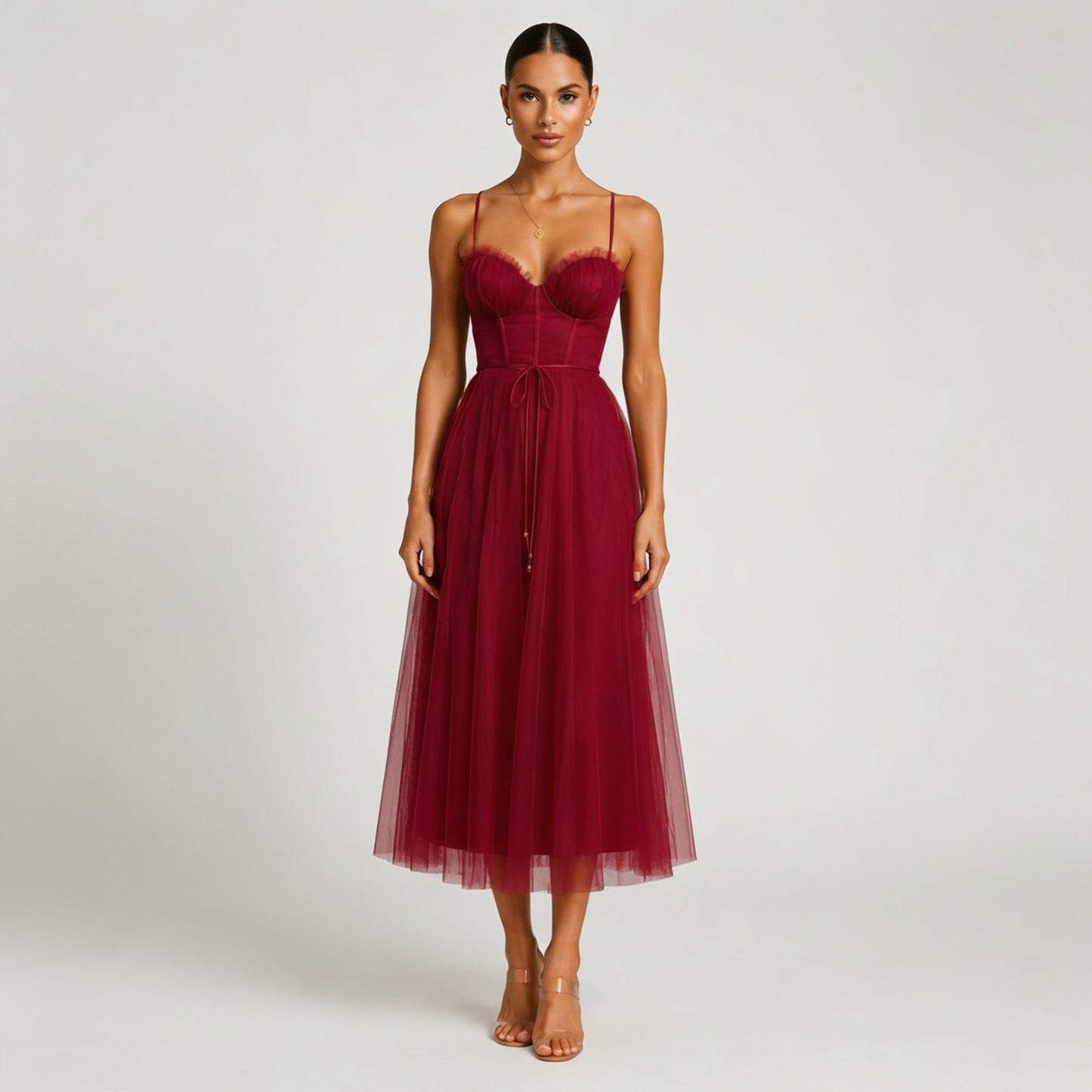 Sweetheart Neck Tulle Midi Dress with Layered A-Line Silhouette