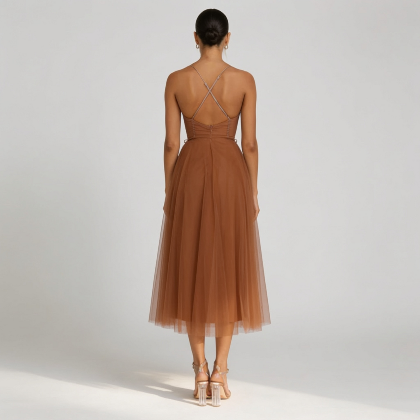 Sweetheart Neck Tulle Midi Dress with Layered A-Line Silhouette