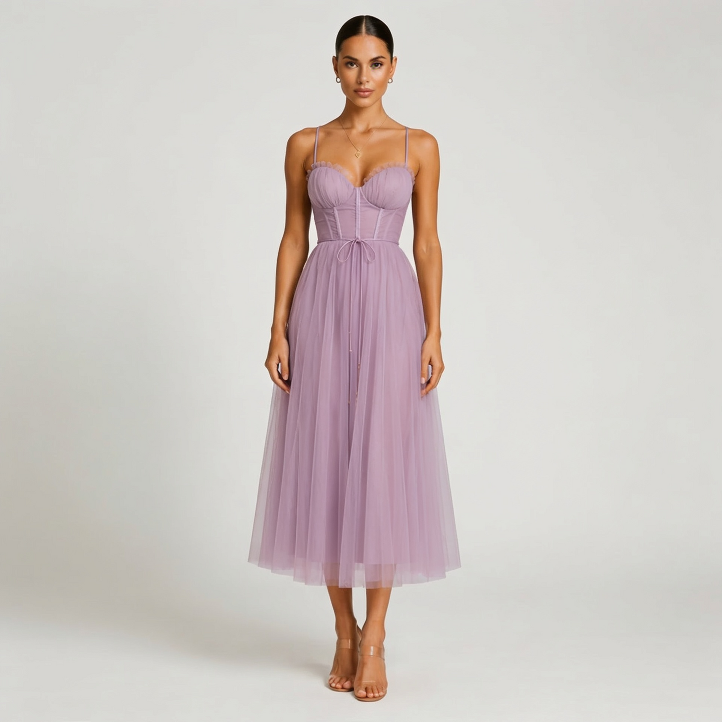 Sweetheart Neck Tulle Midi Dress with Layered A-Line Silhouette