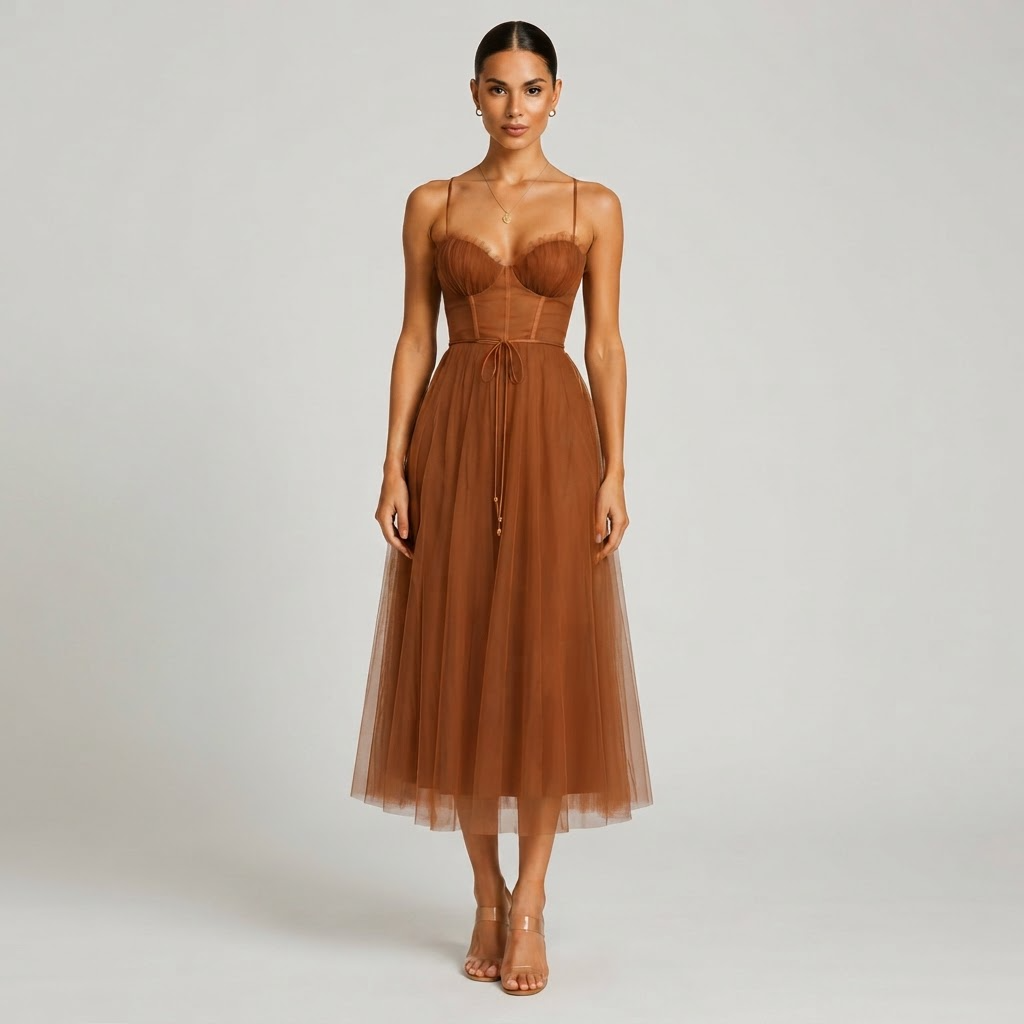 Sweetheart Neck Tulle Midi Dress with Layered A-Line Silhouette
