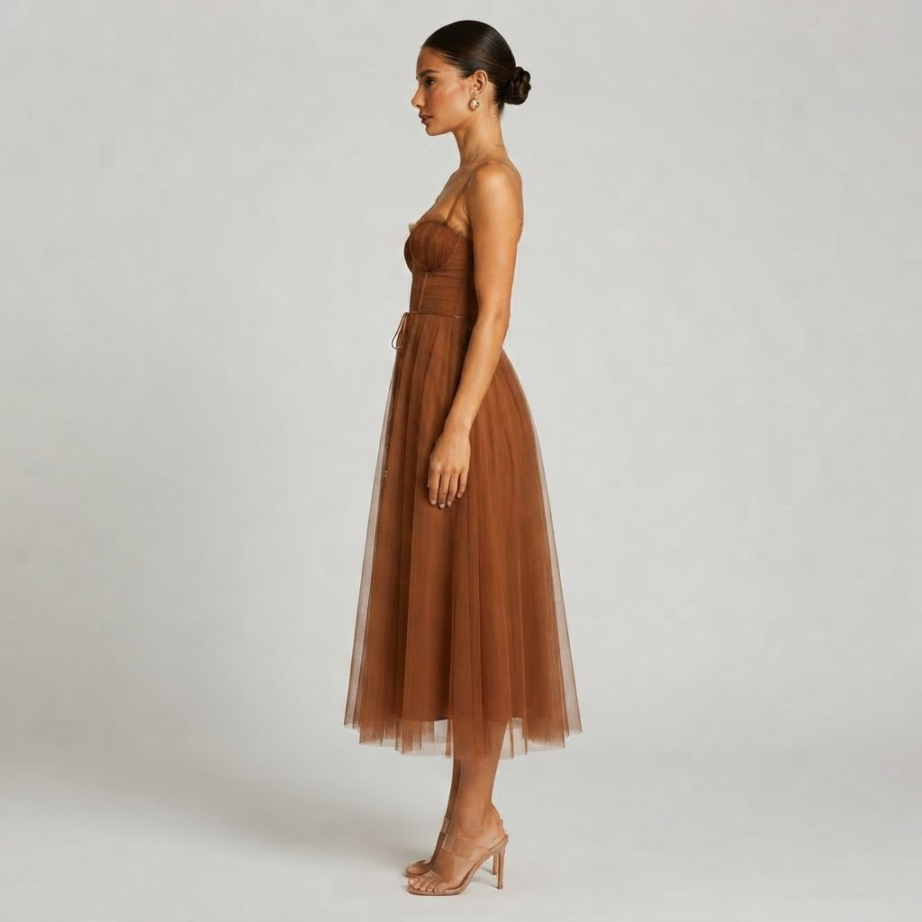 Sweetheart Neck Tulle Midi Dress with Layered A-Line Silhouette