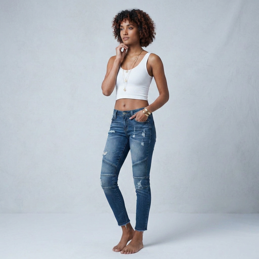 Skinny Ripped Pleated Stretch Denim Jeans