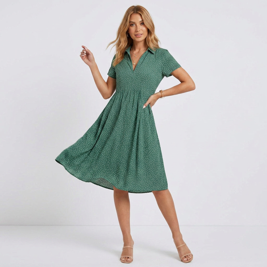 Button-Down Midi Shirt Dress with Short Sleeves and Relaxed