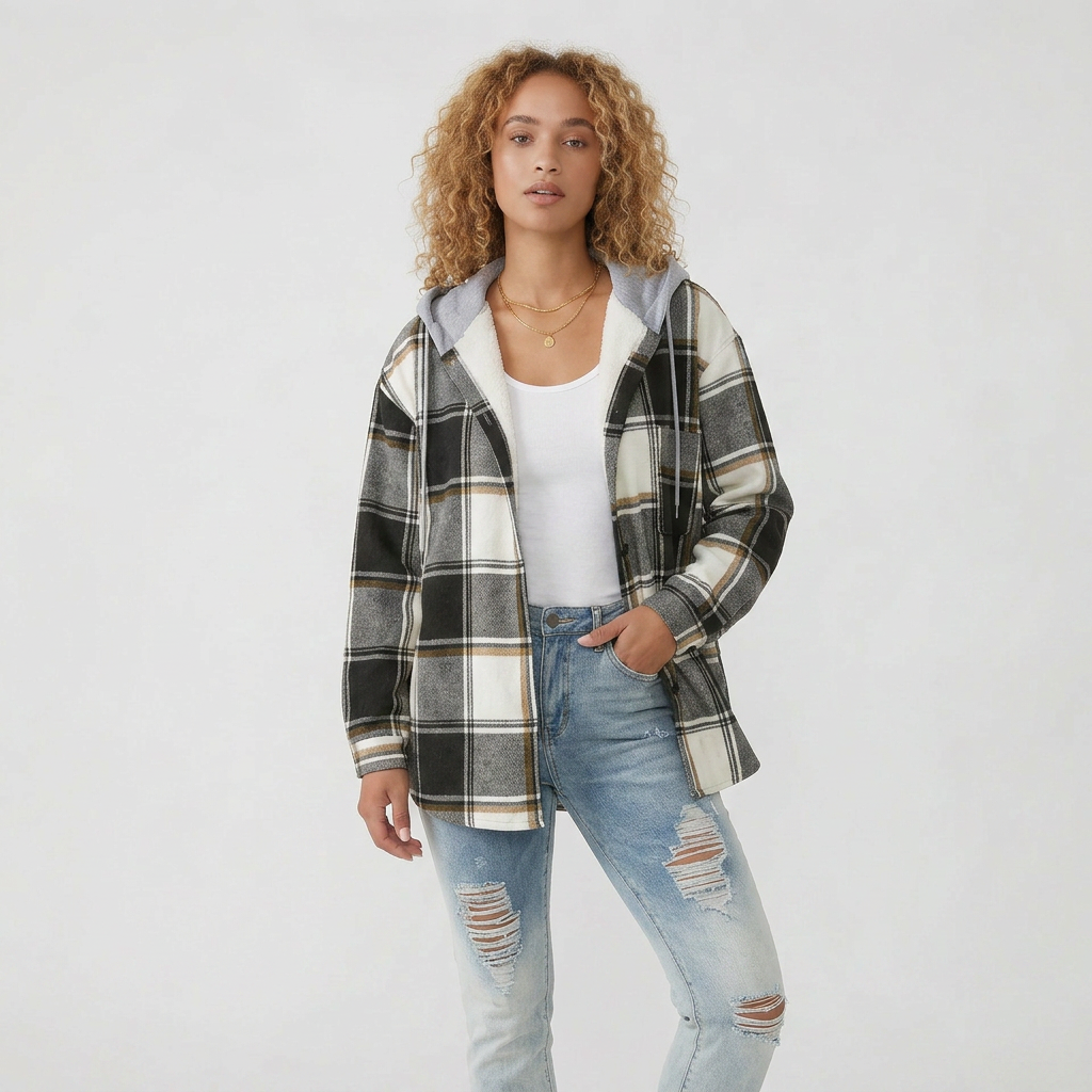 Long Sleeve Checkered Pattern Lined Knit Cardigan