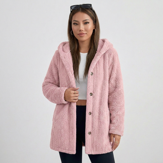 Long Sleeve Button Up Hooded Plush Fleece Cardigan