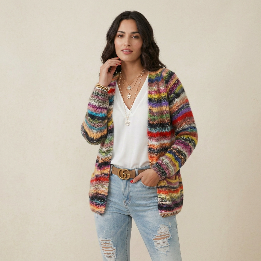 Long Sleeve Open Front Multicolor Knitted Sweater Cardigan