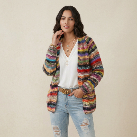 Long Sleeve Open Front Multicolor Knitted Sweater Cardigan