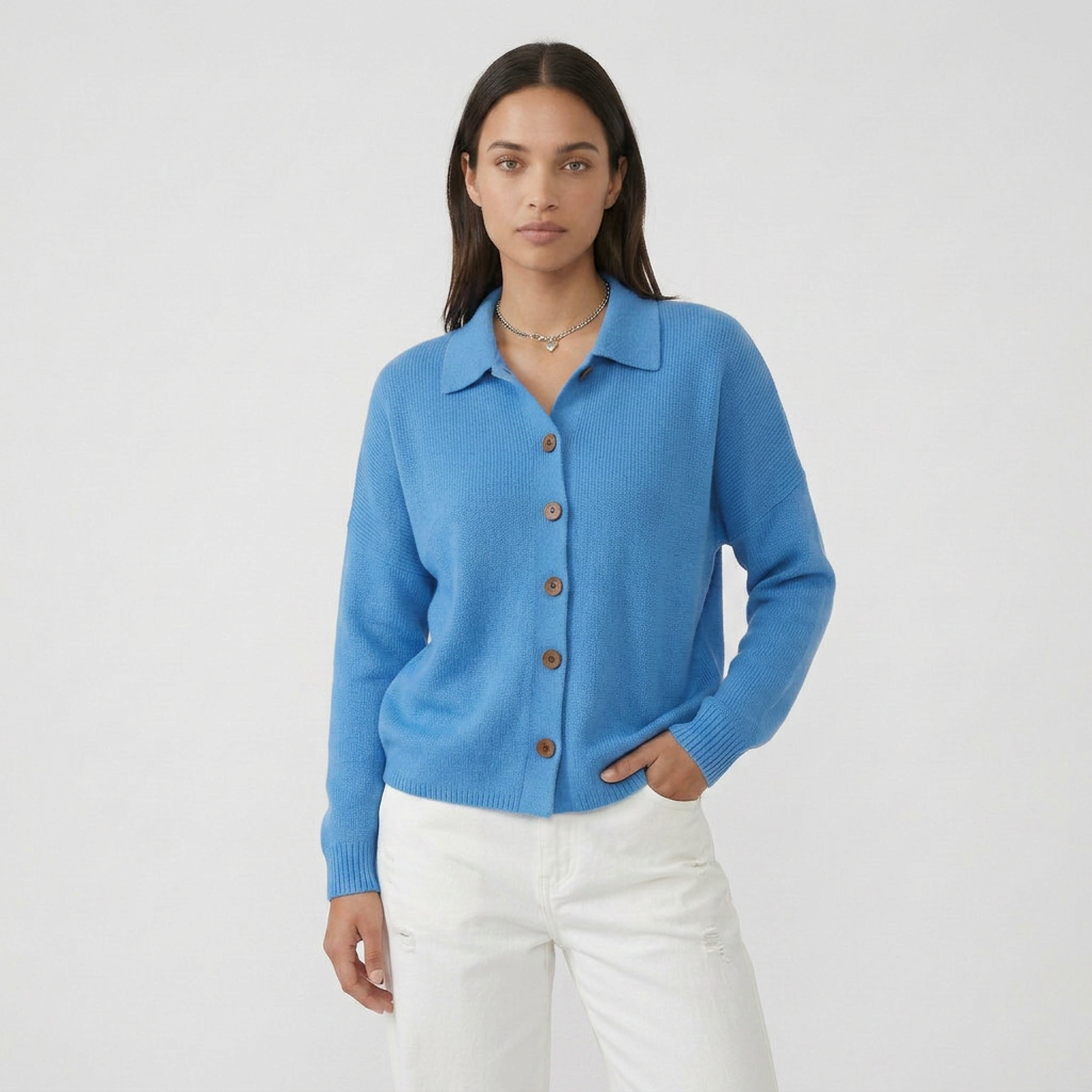 Long Sleeve Button Collar Knit Cardigan with Lapel Cut