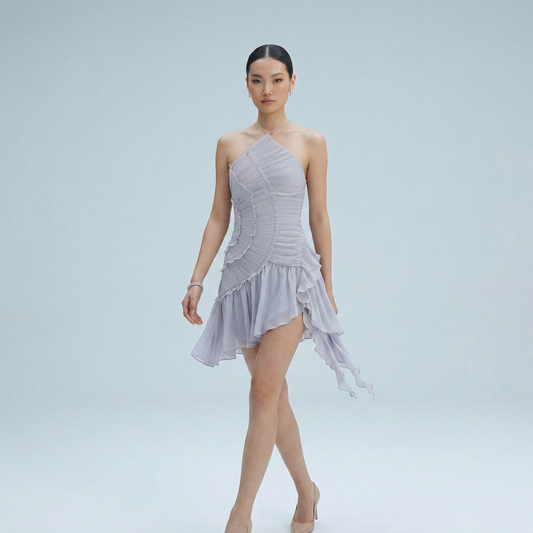Halter Neck Pleated Mini Cocktail Dress with Asymmetrical Ruffle Hem in Lilac