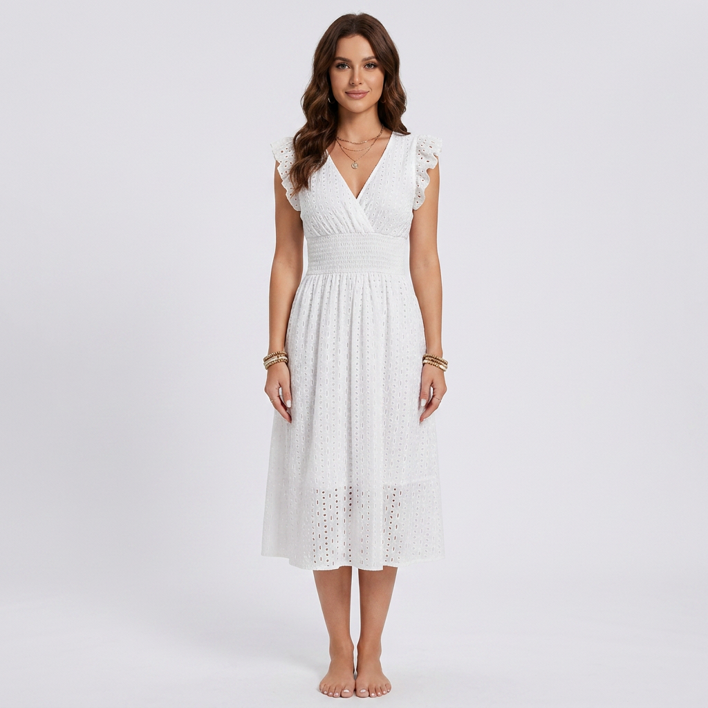 Boho Eyelet Lace Smocked V-Neck Midi Dress