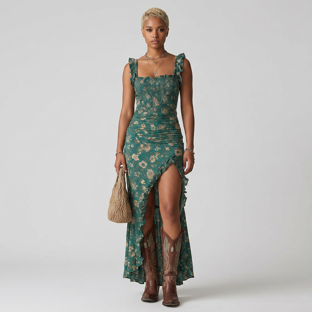Floral Mermaid Maxi Dress with Ruffle Hem and High Slit