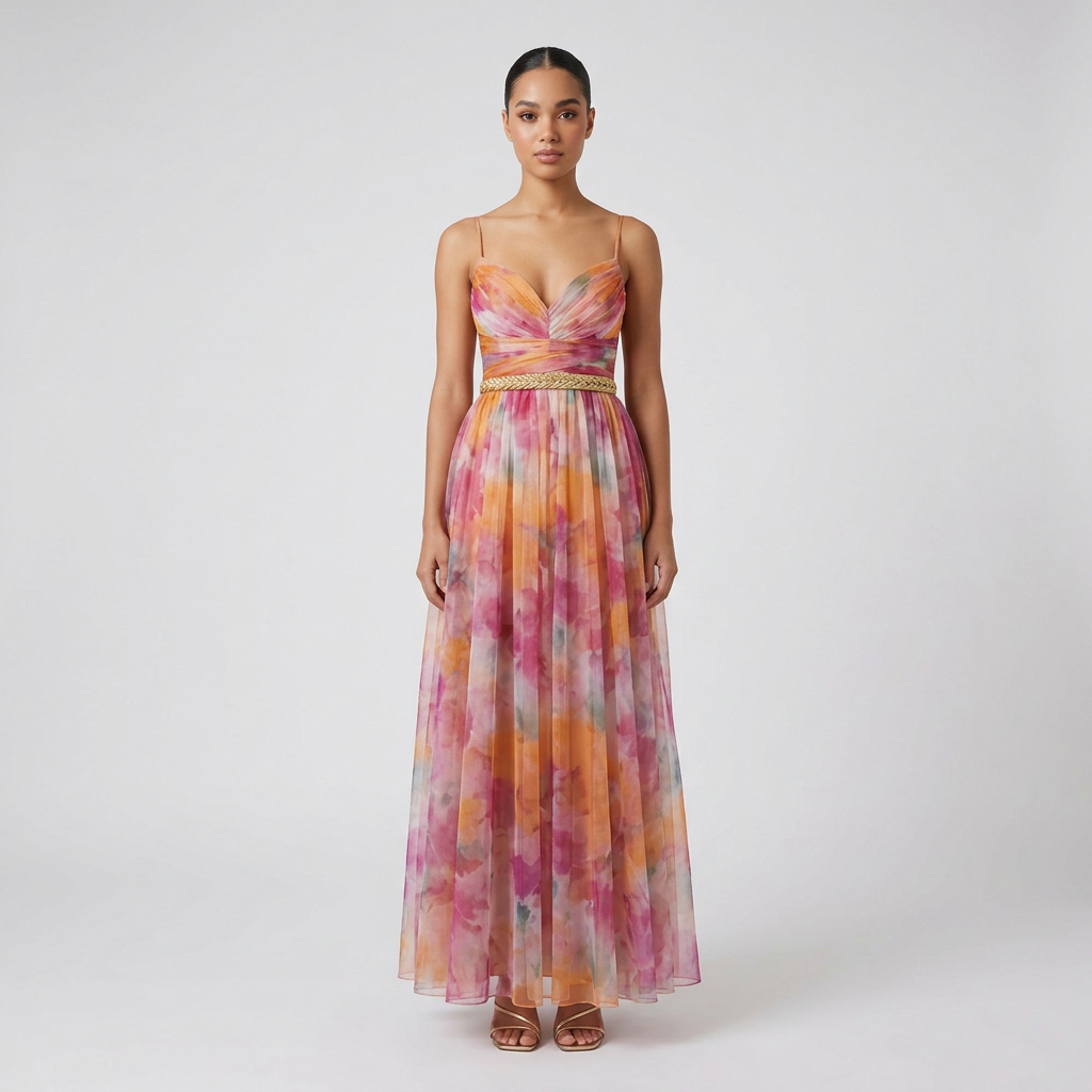 Women's Elegant Solid Maxi Wedding Guest Dress with Plunging V-Neck