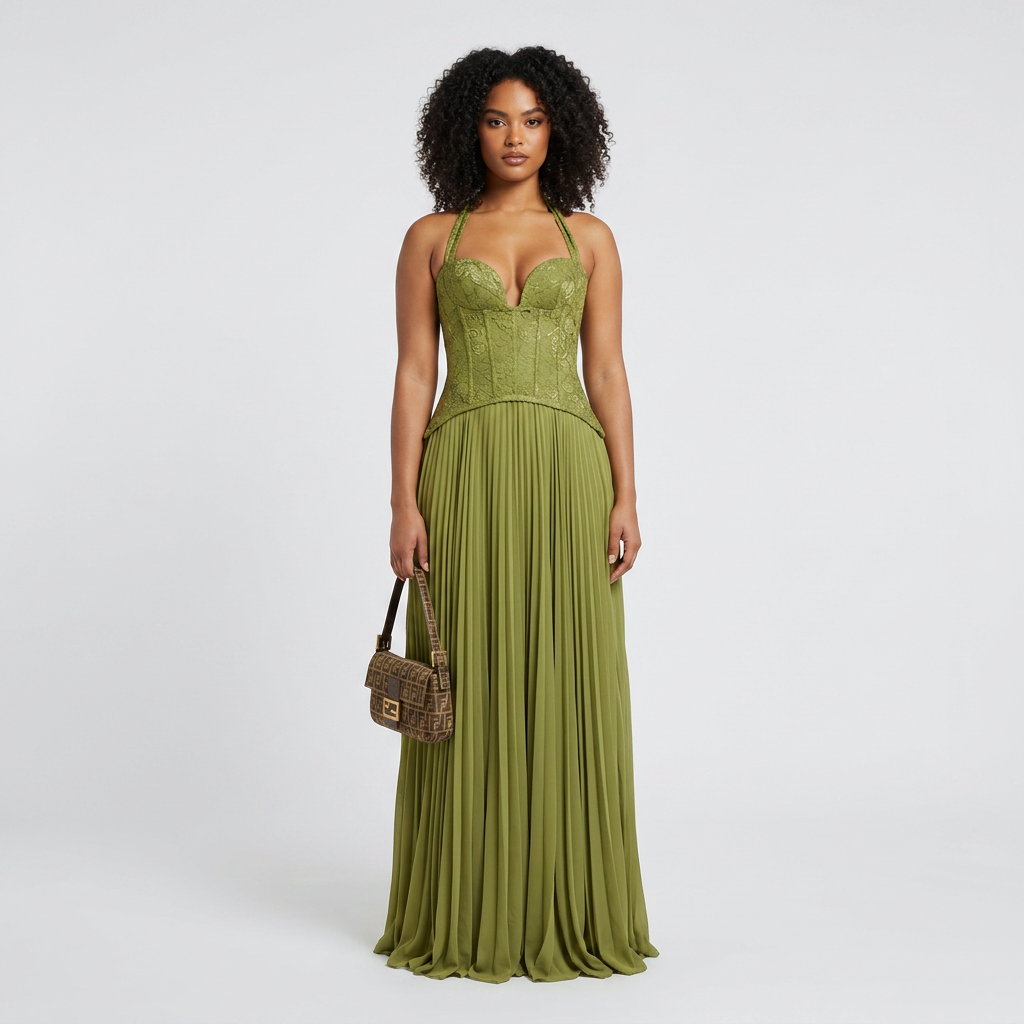 Serena Lace Corset Pleated Maxi Dress