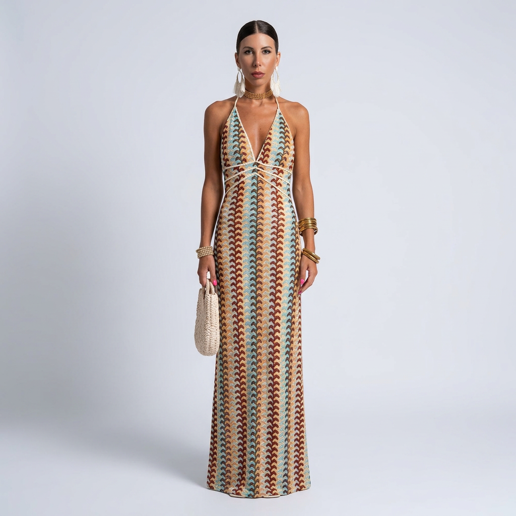 Zeynep Chevron Halter Maxi Dress with Adjustable Waist Tie and Flowing Hem