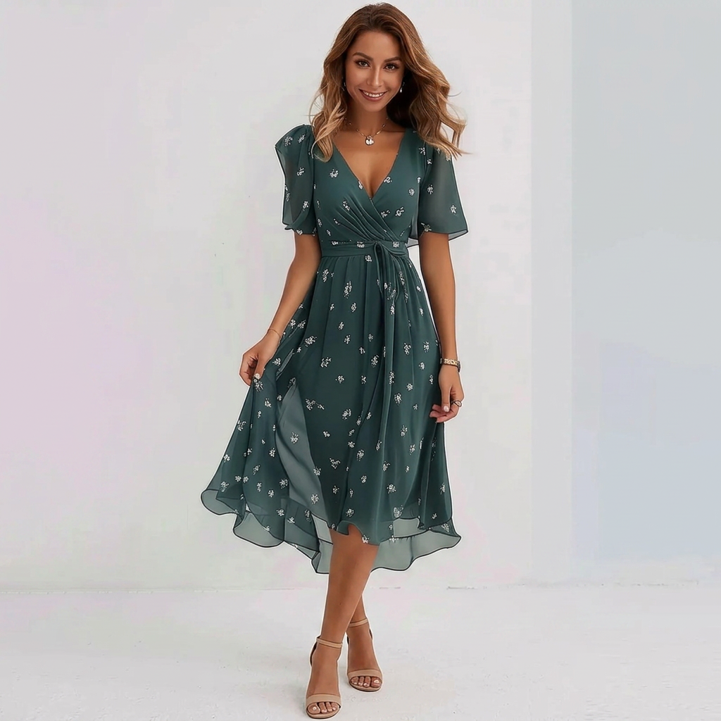 Floral Wrap Midi Dress with Flattering V-Neck and Flowy Short