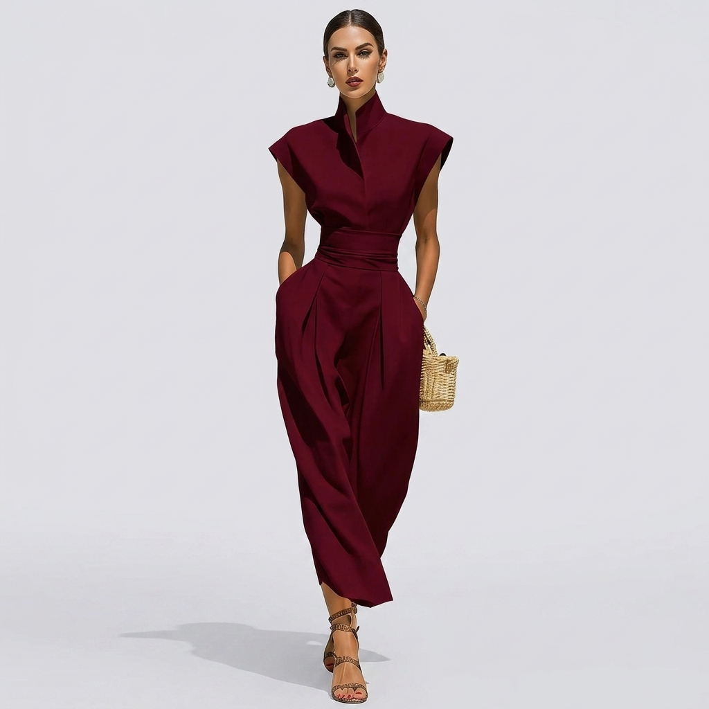 Midi Dress with Stand Collar, Short Sleeves, and Hidden Side Pockets