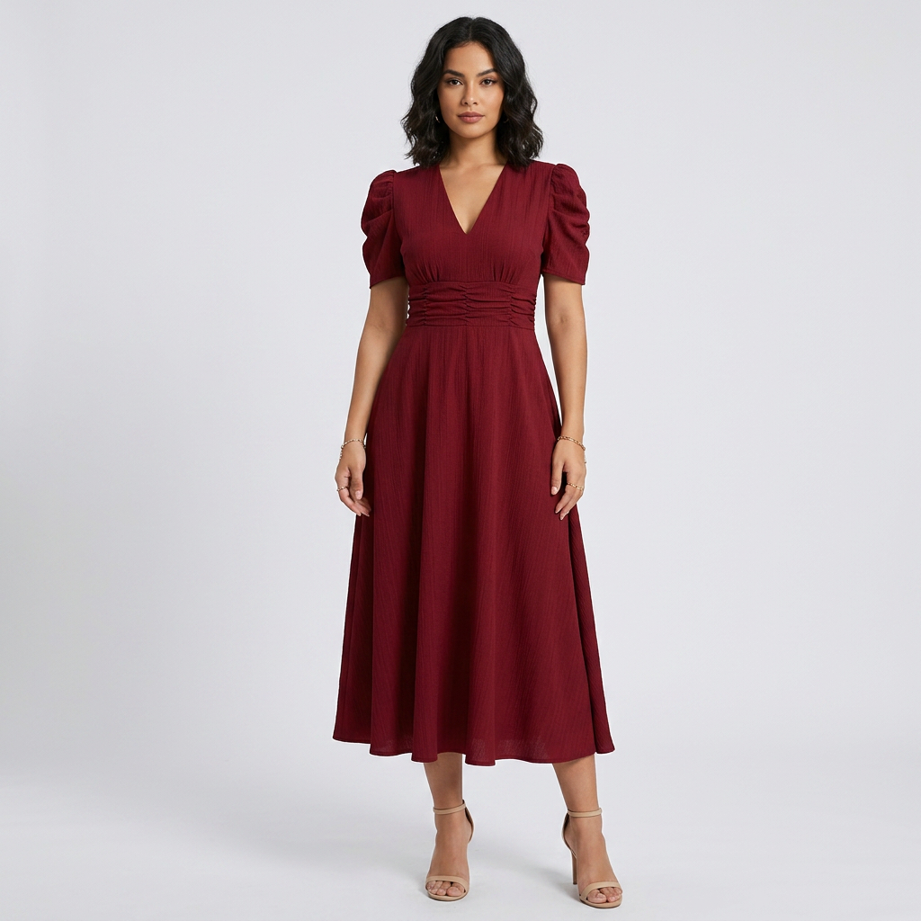 Elegant V-Neck Puff Sleeve Midi Dress with Flared A-Line