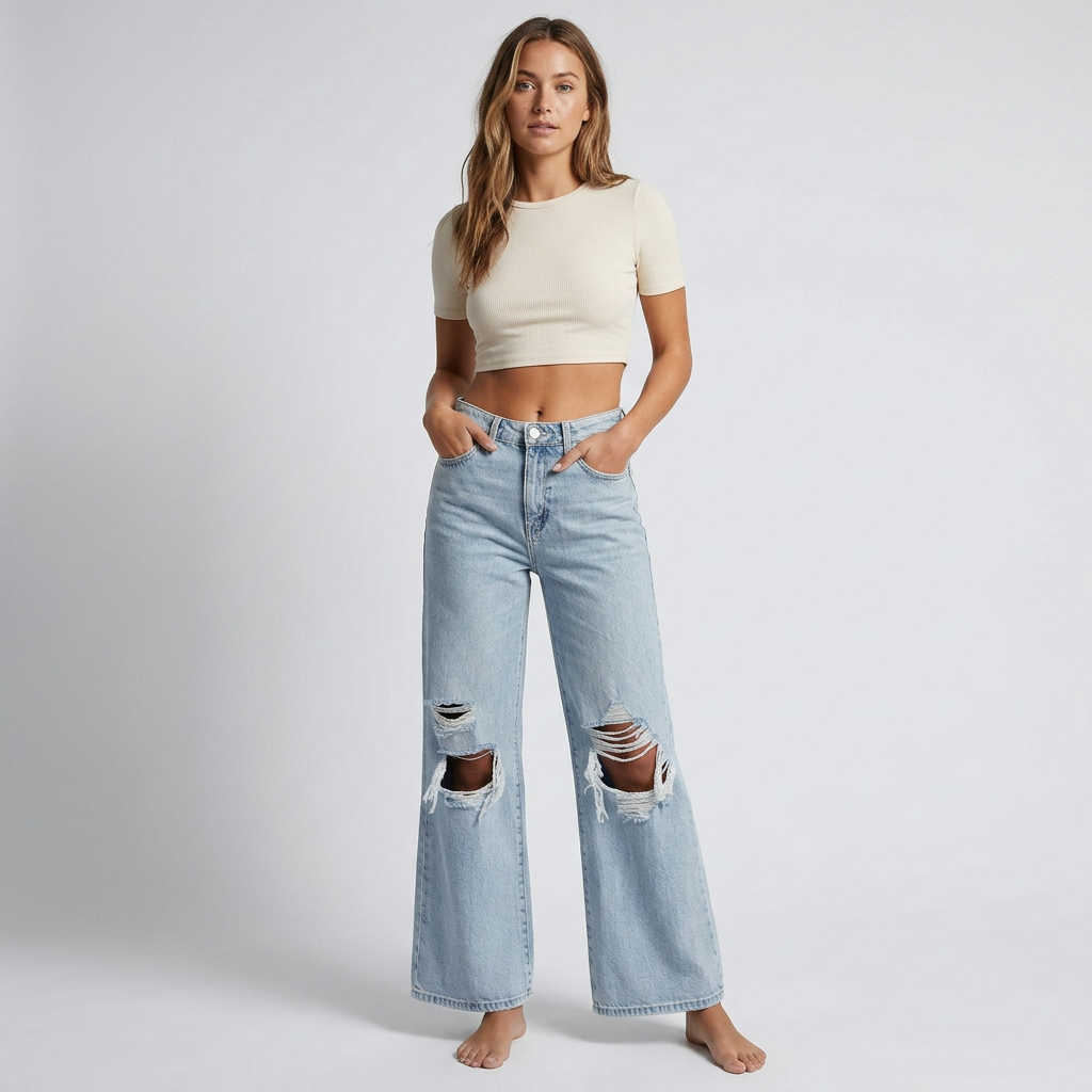 High-Waist Ripped Wide-Leg Jeans