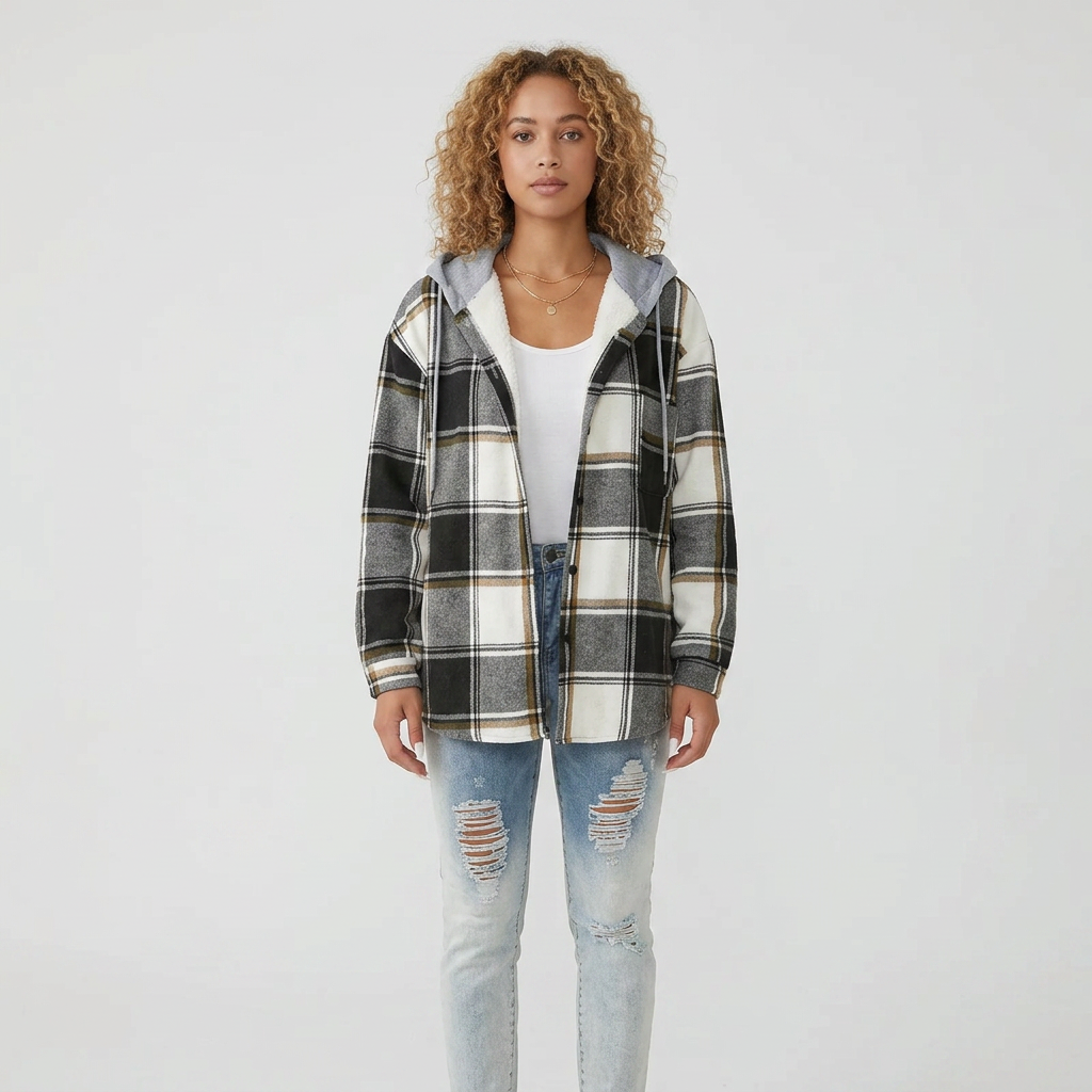 Long Sleeve Checkered Pattern Lined Knit Cardigan