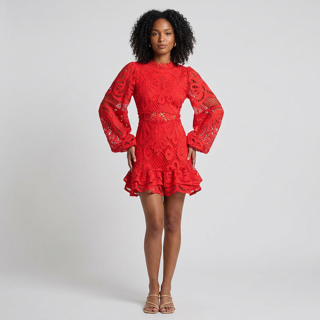Elegant Lace Ruffle Mini Dress with V-Neckline and Tiered Silhouette