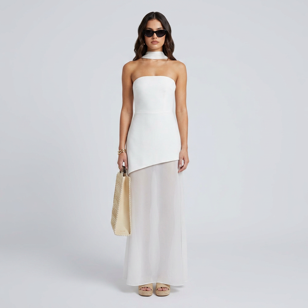 Kori Asymmetrical Layered Maxi Dress with Flowing Tiered Hem and Tailored Bodice