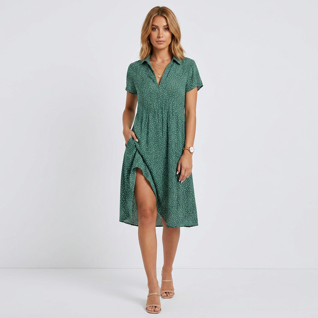 Button-Down Midi Shirt Dress with Short Sleeves and Relaxed