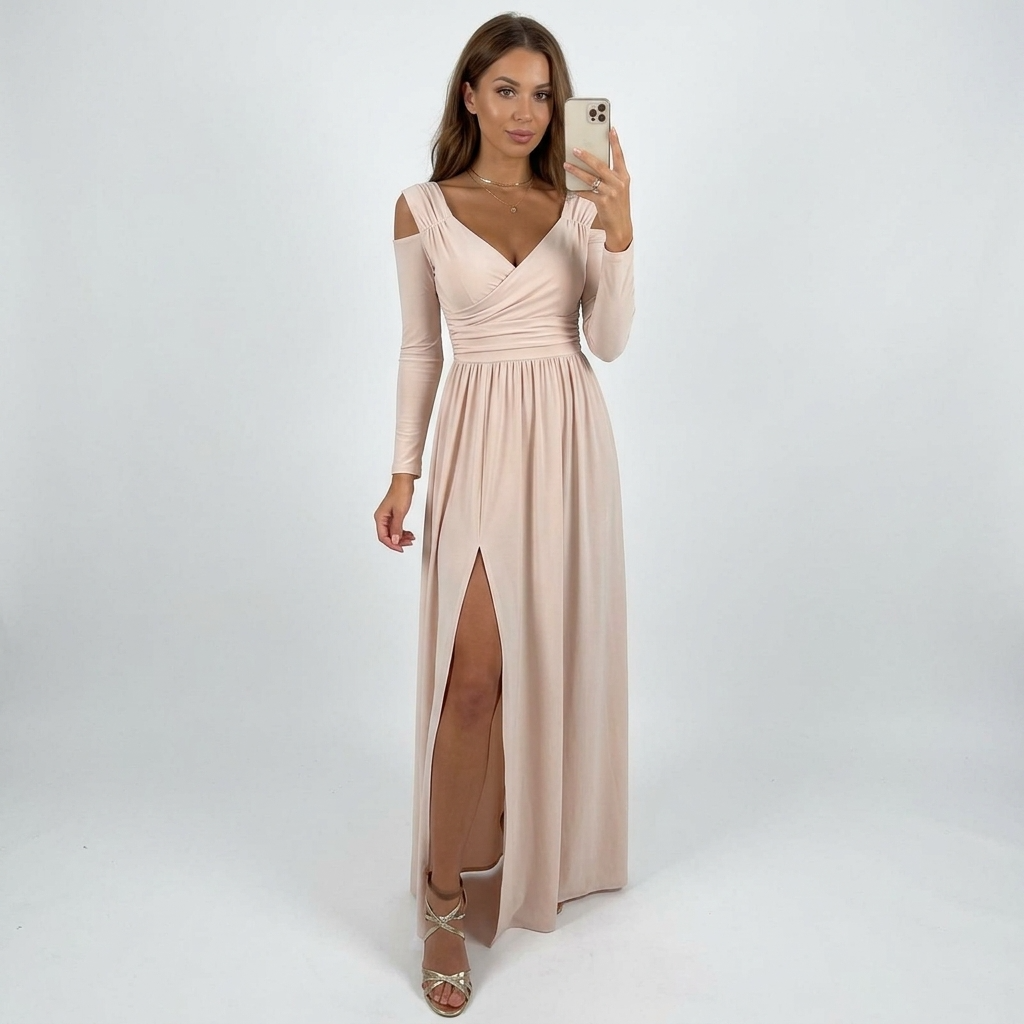Flowing Long Sleeve Maxi Dress with Elegant Side Split and V-Neckline