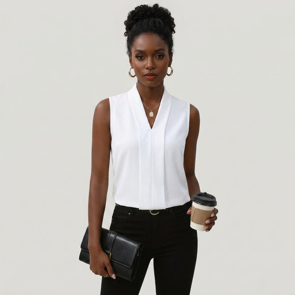 Sleeveless Pleated V-Neck Blouse