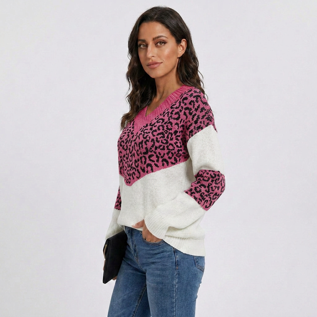 V-Neck Leopard Print Knit Sweater