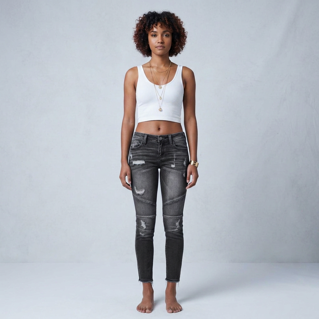 Skinny Ripped Pleated Stretch Denim Jeans