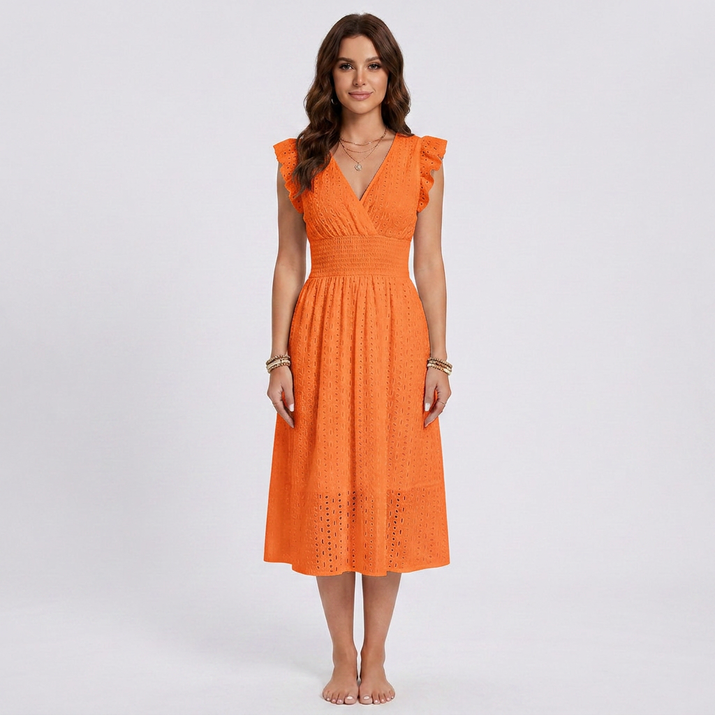 Boho Eyelet Lace Smocked V-Neck Midi Dress